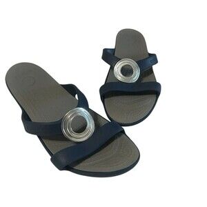 Crocs Sanrah Matte Silver Circle Slide Sandal Blue Gray Women's Size 10